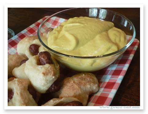 Pretzel dogs or mini-pig-in-a-blankets with delicious homemade ranch mustard dip...this is PARTY FOOD!